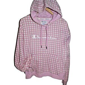 Women's L Champion Pink Hoodie Pullover Pink Check Gingham Cotton Terry Lining